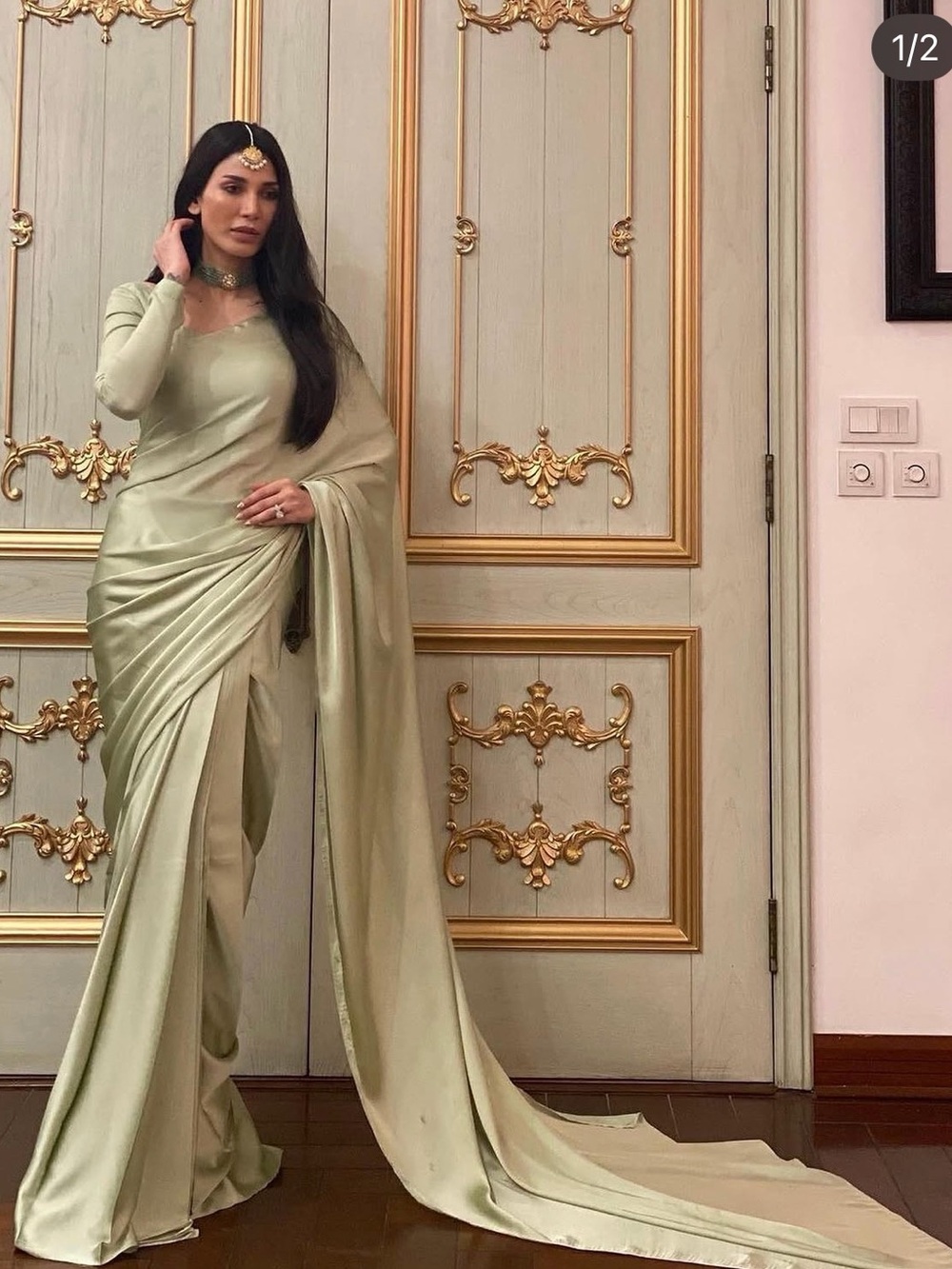 Elegant Sage Green Satin Saree